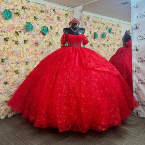 Czerwona Lśniąca Suknia Ball Quinceanera Siedzi się z aplikacji na ramię koronkowe koraliki Tull vestido de 15 anos sweet 16