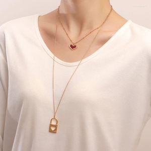 Colares pendentes Colar de camada dupla Long Red Heart Lock Premium Jewelry Gift for Women