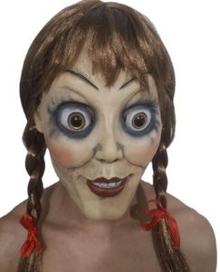 Máscaras de festa Annabelle Máscara Filme de Terror Chega em Casa Adereços de Traje Heargear com Peruca Trança Halloween Máscara Assustadora1079640