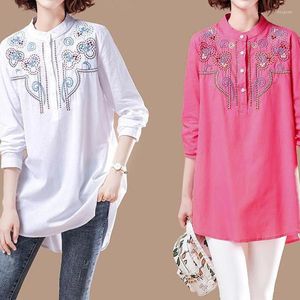 Women's Blouses Pure Cotton Oversize Vintage Chinese National Style Embroidery Medium Length Women Shirt O-Neck Thin Striped Print Spring