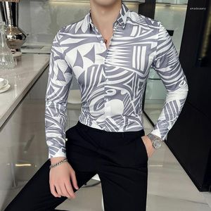 Camisas casuais masculinas Spring Man Printage Print Social White Luxury Slim Fit Sanve Sleeve Dress Listed Shirt Fashion Chemise Homme