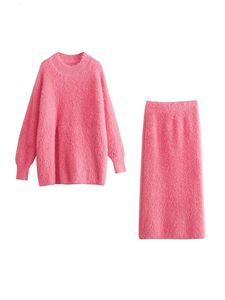 Mahair tröjor kjolar passar kvinnor ärm i pullover elastisk midja lång kjol kvinnlig bit set varm lös casual lady sets