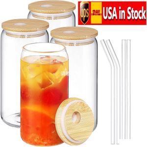 Tazze Us Stock Mug Bicchieri da birra Bicchieri in vetro da 12 Oz Bicchiere a forma di 16 con coperchi in bambù e bicchieri in acciaio Consegna a goccia grande H Dhv7P