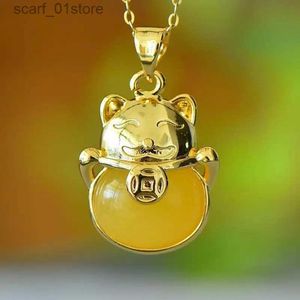 Pendant Necklaces Natural Amber Lucky Cat Necklace Women Healing Gemstone Fine Jewelry Genuine Baltic Ambers Money Cat Pendant NecklacesL231123