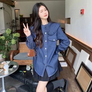 Women's Blouses Retro Denim Blue Shirt Women Kawaii Doll Collar Long Sleeve Blouset Woman Korean Fashion Single Breasted Pocket Streetwear