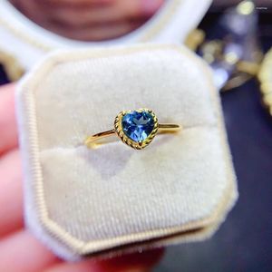 Cluster-Ringe, natürlicher Topas-Ring, 925er Silber, zertifiziert, herzförmig, 6 mm Londoner blauer Edelstein, Weihnachtsgeschenk für Mädchen, kostenloses Produkt