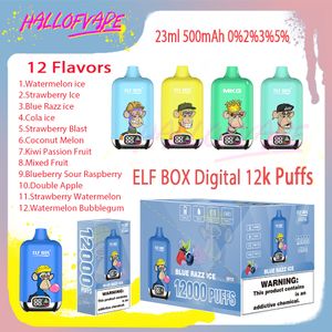 Original Elf Box Digital 12000 Puff E Cigaretter 23 ml Mesh -spole 0% 2% 3% 5% Nivå 500mAh Uppladdningsbar Bettery 12 Flavors Disponerta Vape Pen Puffs 12K