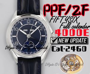 ZF Luxury Mens Watch 4000E Fiftysixフルカレンダームーンフェーズ40* 11.6mm Cal.2460自動チェーンアップムーブメント40時間パワーリザーブ。サファイアミラーブルー