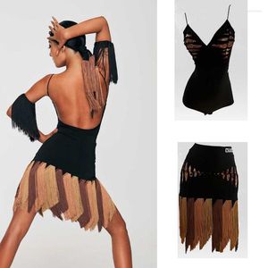 Scen Wear Latin Dance Costumes For Women Sexig bodysuit Tassel kjolar passar träningskläder Tävling DN12767