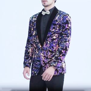 Luxury Colorful Sequins Banquet Party Velvet Blazer Men Slim Fit Shawl Collar Glitter Stage Host Suit Jacket Wedding Prom Evening Celebrate Singer Tuxedo Blazers