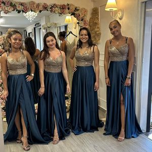 Spaghetti Straps Gold& Blue Stylish Bridesmaid Dresses Chiffon Side Split Simple Style Plus Size prom Evening gowns Wedding Guest's Dress b142