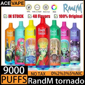 오리지널 랜드 토네이도 9000 퍼프 vape 일회용 e 담배 0.8ohm 메쉬 코일 18ml 포드 배터리 충전식 전자 9K 퍼프 9K CIGS 2% 5% vape 펜 43 맛.