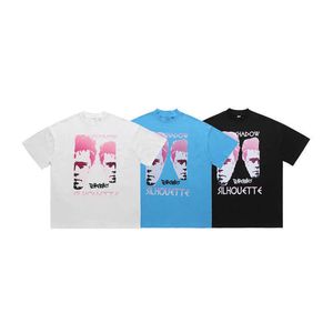 men and women T-ShirtsLawFoo Spring/Summer China-Chic Brand American Street Portrait Print Half High Collar Off Shoulder Loose Edition Couple T-shirt Fashion