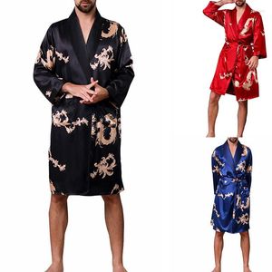 Erkek Tişörtleri Bahar Sonbahar Yumuşak Saten Batah Dragon Desen Baskılı Pijamalar Uzun kollu gecelik
