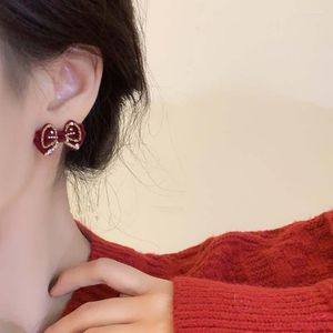 Stud Earrings Cute And Sweet Red Vintage Flocked Bow Tie Women's Fashion Autumn Winter Good Quality