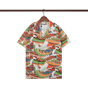 23fw Europe Italy Allover Sea Wave Print Tee Hawaii Beach Silk Casual Shirt Spring Summer Cool Hip Hop Short Sleeve