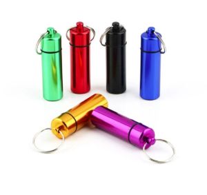 Fast Ship 200pcs 14X48mm aluminum alloy Boxes Metal Waterproof Pill Box Case keyring Key Chain Ring Medicine Storage Organizer Bottle 12 LL