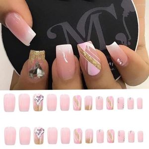 Yanlış Nails Heallor 24 PCS Tırnak İpuçları Tam Kapak Aşk Kalp Kristal Sahte Fransız Kenar Balerin Uzun