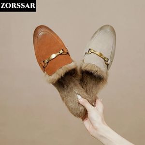 Slippers Genuine Leather Half Slippers Winter Women Fluffy Slipers Outdoor Short Plush Flats Rabbit Hair Women Mules Slipper 231123