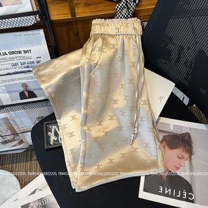 Designer Pants Stylish Straight-leg Pants Women's High Elastic Waist Pants Sashes with Drawstring Logo Print Satin Fabric Long Trousers Plus Size MLXL 19