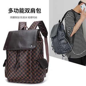 Men's Checkered Backpack Fashion Trend Leisure Business Travel Bag Student Large Capacity PU Schoolbag Computer Backpack 230423