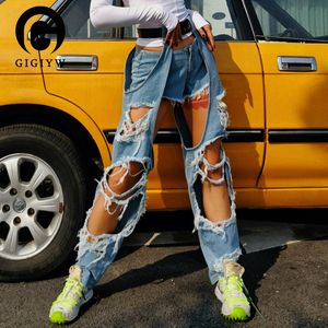 Women's Jeans GIGIYW Harajuku Style Personalized Belt Leggings Broken Beggar Hole High Waist Twopiece Street Jean Autumn 230422