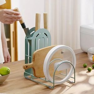 1pc, 2 In 1 Chopping Board Holder & Knife Holder, New Countertop Storage Rack For Kitchen Multi-Size Pot Lids, Cutting Board, Knife, Kitchen Gadgets, Cheap Items