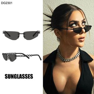 Rechteckige, rahmenlose Cat-Eye-Sonnenbrille aus Metall, Schläfenbuchstabenverbindung an den Beinen, coole Herren- und Damenbrille mit Goldrahmen DG2301, Autofahren, Freizeiturlaub