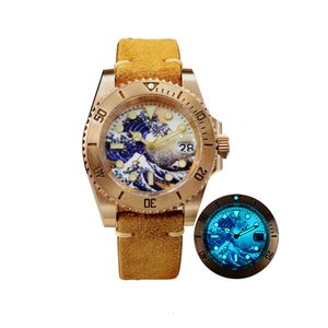 Custom 40.5Mm Cusn8 Bronze Diver Watch Water Ghost Full Lumed Surfing Dial Sapphire Men Mechanical Watches 20 Bar