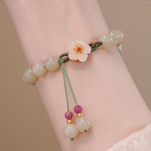 Strand Peach Flower Jade Bracelets For Women Girls Chinesa Moda Antiga Redes de Ágia de Ágia Charme Pulseira Tecida de Jóia de Corda de Mão