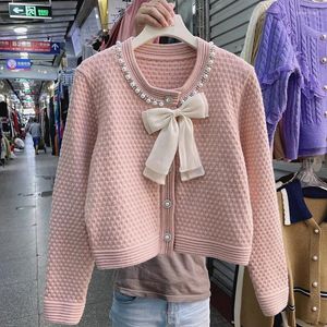 Frauen Strick Herbst Winter 2023 Rundhals Langarm Schwere Qualität Perlen Bogen Strick Pullover Mantel Weibliche Mode