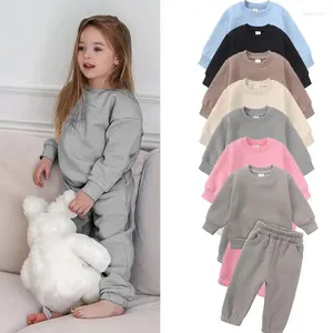 Set di abbigliamento Set autunno inverno per ragazzi e ragazze Moda Tinta unita Terry Pullover Maglione Pantaloni Casual Due pezzi