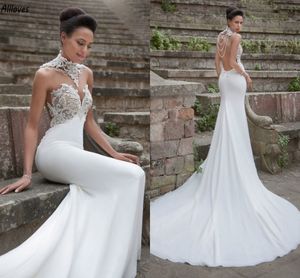 Boho Garden Mermaid Wedding Dresses Gorgeous Beading Pearls High Halning med Applique Lace Bridal Clows Court Train Slim Fit Backless Bride Robes de Mariee CL2965