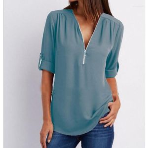 Camicette da donna Top bianchi alla moda Camicetta casual con scollo a V con cerniera Camicetta elegante a maniche lunghe in chiffon allentato Abiti da donna solidi estivi Blusas