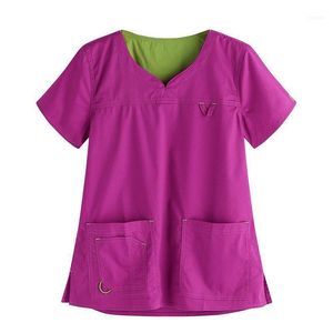 Women's T Shirts Summer Casual Sexy V Neck Short Sleeve Double Pockets Pullover Tops Women Loose Solid Plus Size1