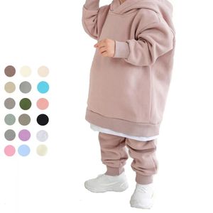 Zestawy odzieży Dzieci Polarowe Zimowe stroje Solidna bawełniana bluzy z kapturem bluzy maluch niemowlęce chłopiec dziewczyna swobodne ciepłe ubrania 231108