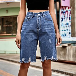 Kvinnors jeans y2k blå retro mode gata rippade beskurna byxor tofs nödställda plus storlek mamma denim shorts 230422