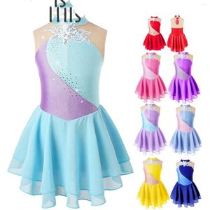 Palco desgaste crianças meninas lantejoulas strass ballet dança collants figura patinação no gelo vestido ginástica collant tutu saia traje