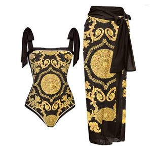 Women's Swimwear Retro Black Gold Color Matching Printed One-piece Swimsuit Sexy Beach Fashion Strap Cover-up Blouse Pre-sale 2023