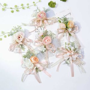 Outros acessórios de moda Pulseiras de pulso floral rosa Bracelets de fita rosa Bridesmaid Groom Flores da mão Bounnieres Bounnieres Casamento Prom Accessori J230422