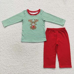 Комплекты одежды, оптовая продажа, зеленый полосатый топ, длинные штаны, рождественские штаны для малышей, комплект из 2 предметов для маленьких мальчиков, наряды с аппликацией в виде оленей