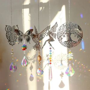 Decorative Objects Figurines 12pcs Sun Catcher Rainbow Made Pendant Butterfly Tree Owl Bird Angel Window Hanging Crystal Prism Trap Home Decor 231123