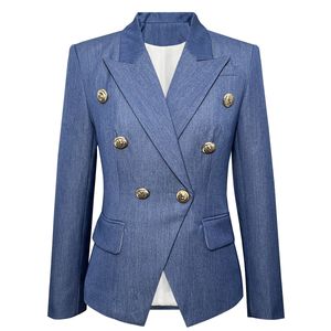 Kvinnors kostymer blazrar djupblå imitation denim mörkt mönster tyg slim passar dubbelbröst kvinnor kostym rock 231123