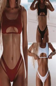 OnePiece Suits Kadın Seksi 2pcs Bikini Set Kepçe Boyun Kesme Sütyen Ürün Mayo Çarpık Dip Yüksek Kesik Renk Plaj Bathin9818078