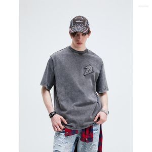Men's T Shirts Vintage Washed T-shirt Patch Embroidered Heavy Cotton Short Sleeve Shirt Harajuku Streetwear Y2k Tshirt R69