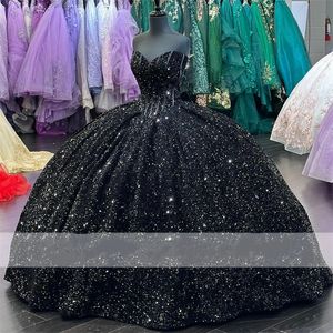 Glitter Black Ball Gown Princess Quinceanera Dress 2023 Sequins Applique Beaded Sweet 16 Party Gown Vestidos De 15 Anos