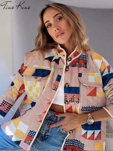 印刷濃厚なジャケットの女性秋の冬の幾何学的な大きなポケットメスコットンコートルーズカジュアルシングル胸のレディオーバーコート