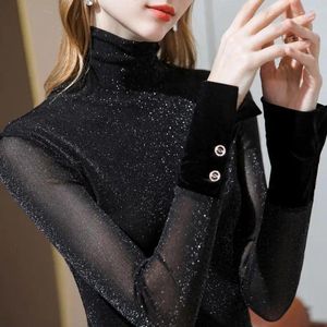 Women's T-skjortor T-shirt kvinna spets chiffon turtleneck sexig kläder svart 2023 trend topp tees pulovers i 90s grafisk alt kpop gammal o