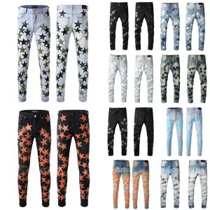 Jeans de homens QNPQYX para caras RIP RIP Slim Fit Skinny Man Pants Orange Star Patches Usando Biker Denim Stretch Cult Stretch Motorcycle Motorcycle