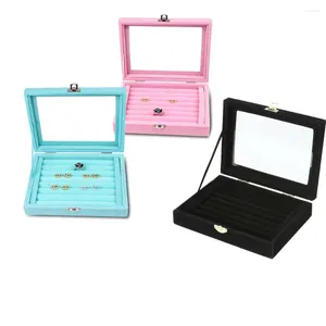 Jewelry Pouches Portable Ring Earring Storage Box For Travel Velvet Glass Ear Studs Tray Holder Display Organizer Case Woman
